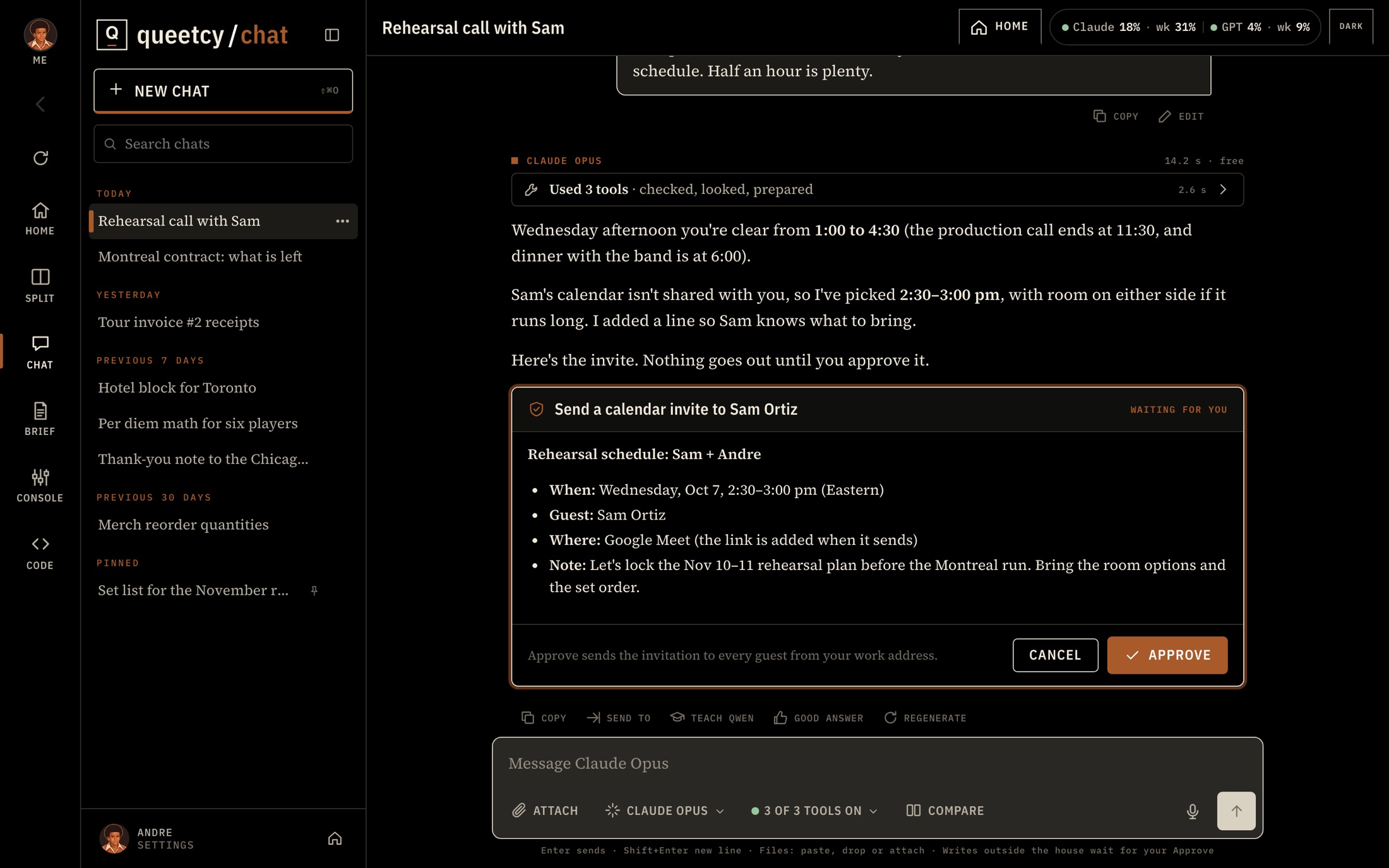 Chat with an Approve card for a calendar invite