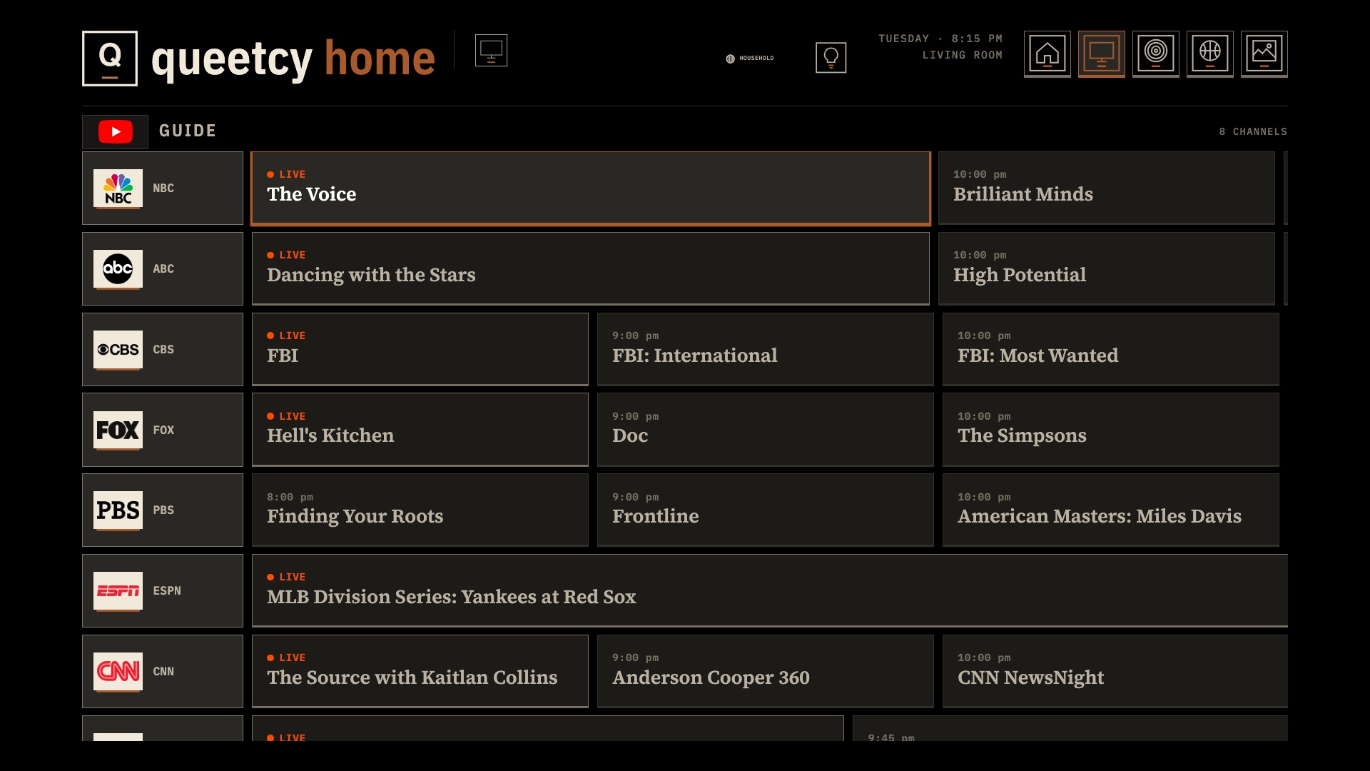Live TV with a real guide: what's on now, what's next, and one press to tune.